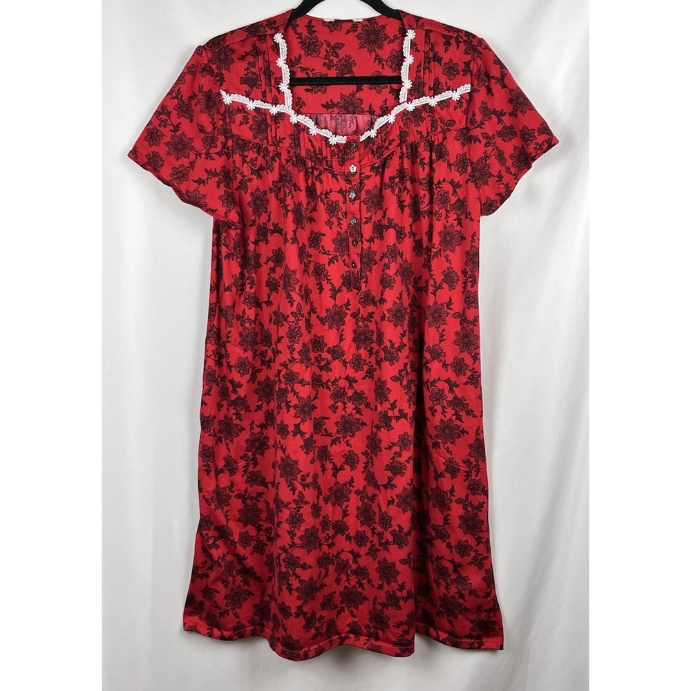 Secret Treasures Red Black Floral Nightgown Dress XL Vampcore Lace Trim‎ Pockets